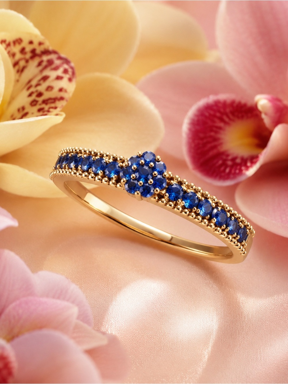 Gold Blue Sapphire Floral Band Ring size 8
